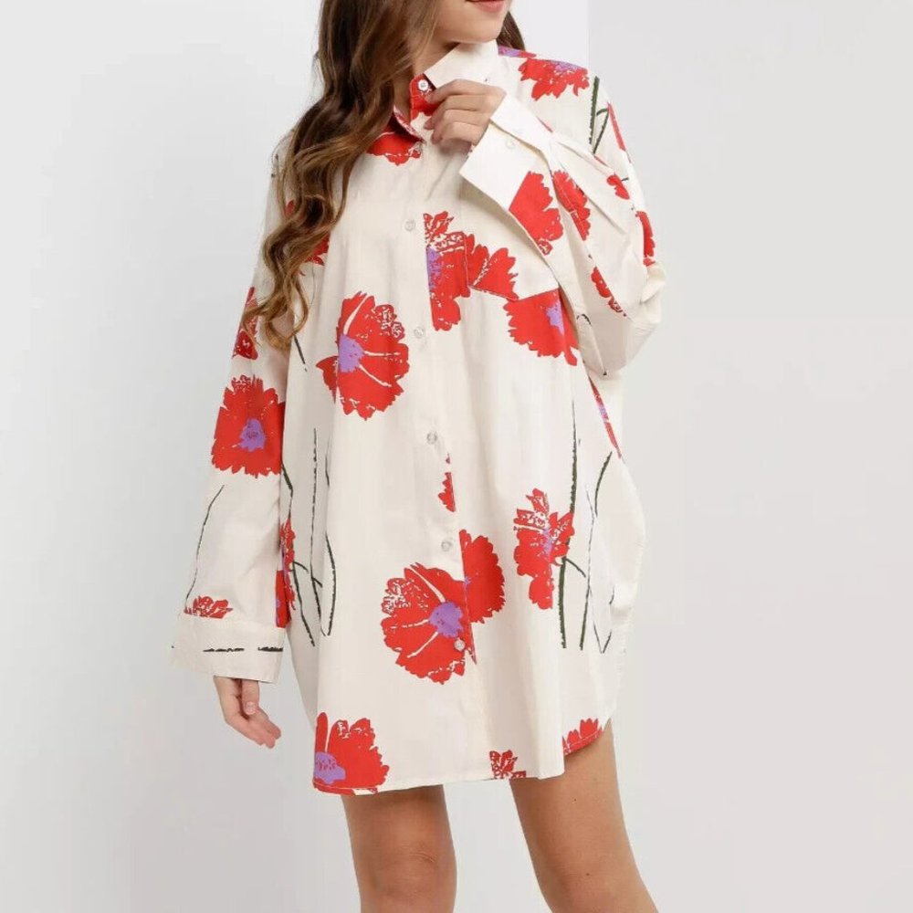 Obey Long Sleeve Poplin Shirt Dress "Friday" Cream/Floral